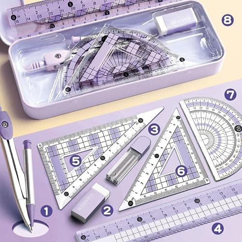 8 Pcs Purple Geometry Set Cute Compass Set with Maths Protractor Rulers, Math Set for Drawing Measuring Tools, Kawaii Ruler Kit for Class Women Girls School Supplies (Purple) thumbnail 2