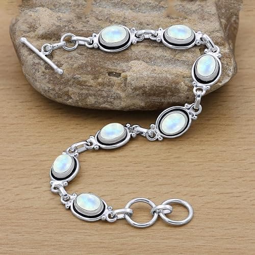 Natural Oval Gemstones Sterling Silver Plated Link Bracelet - Handmade Birthstone Vintage Style Adjustable Bracelets - Women's Jewelry Gift for Mom Wife Sister Grandmother thumbnail 4
