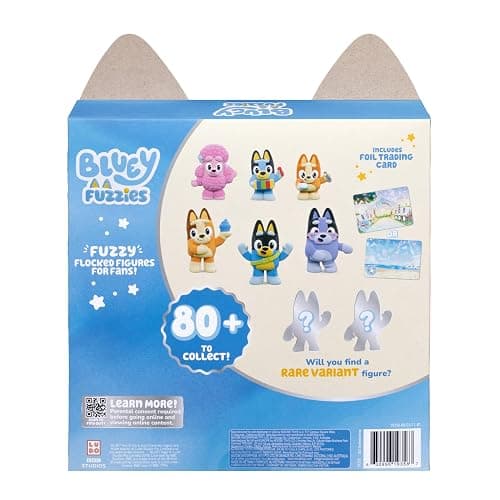 Bluey Fuzzies Deluxe Figure Pack. Eight Figures : 6 Specially Flocked Collectible Mini-Figures + 2 Surprise Figures (Blind Pack), Trading Card, and Collector's Guide. 80 to Collect in Series 1! thumbnail 4