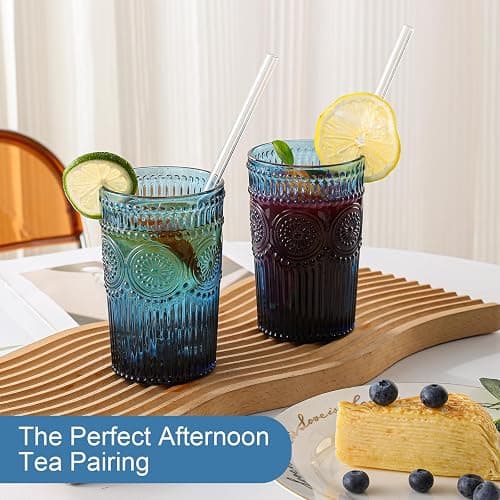 ZMOWIPDL Vintage Glassware Drinking Glasses Set of 6,13 oz Blue Textured Flower Design Glass Water Tumblers，Embossed Striped Drinkware for Water,Cocktails,Juice,Iced Coffee thumbnail 6