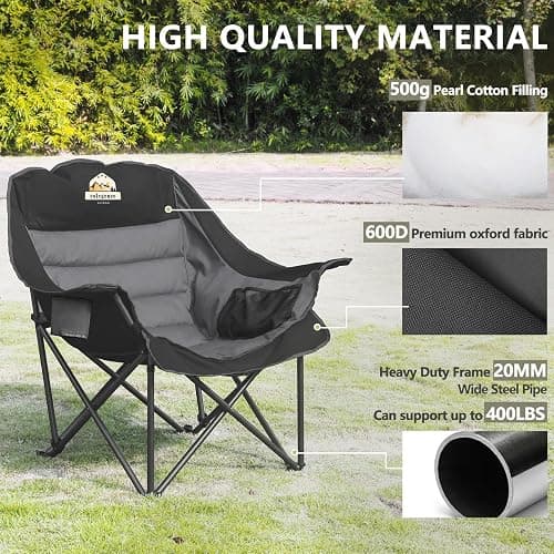 Colegence Oversized XL Padded Camping Chair Set of 2 Wide Heavy Duty Lawn Chairs Support 450 LBS Portable Folding Gaint Camp Chair for Outdoor Outside Sports Baseball Soccer-Black and Grey thumbnail 6