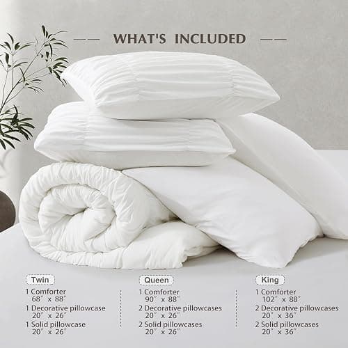 Oli Anderson Wavy Ruched Comforter Set King Size, White, 5 Pieces | Vintage Boho Shabby Chic Farmhouse Rustic Bedding Set, Fluffy Texture, Elastic Design, All Season Bedroom Decor thumbnail 5
