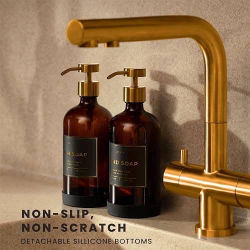 Hand and Dish Soap Dispenser for Kitchen and Bathroom, Set of 2 16 Oz Glass Bottles, Stainless Steel Pumps, Non-Slip Silicone Base, 27 Waterproof Labels (Amber Bottle/Brushed Gold Pump) thumbnail 4