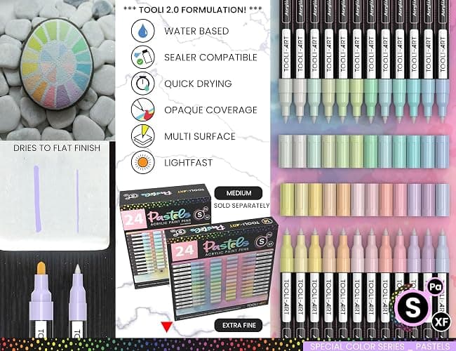 TOOLI-ART 24 marqueurs de peinture acrylique pastel avec pointe extra fine de 0,7 mm pour peindre sur la roche, le verre, le bois, le métal, la toile, les détails, non toxique, à séchage rapide. thumbnail 6