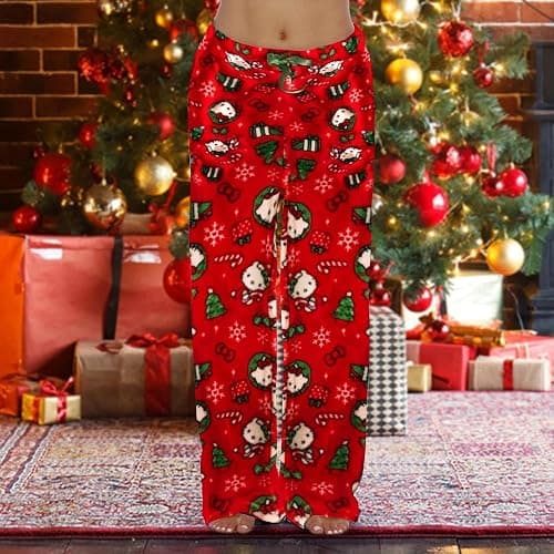 Cute Cartoon Pajama Pants for Women, Kawaii Anime Cat Pjs Christmas Pajama Pants Fluffy Flannel Sleep Bottoms - Christmas Cat - Medium thumbnail 3