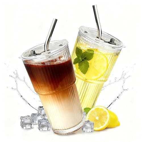 2 Packs Ribbed Glass Tumbler with Lid and Straw 16 oz Cute Ice Coffee Cup Set for Smoothie Juice Matcha Tea Latte Cappuccino Espresso Hot Coffe Water Reusable Clear Travel Mug Aesthetic Drinking Mug - Image 1