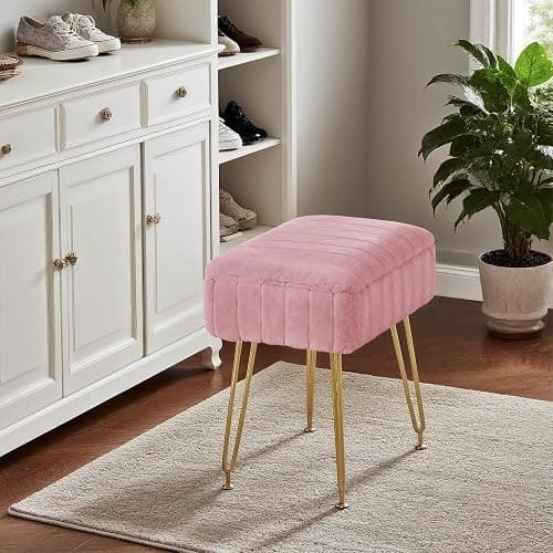 FUXA Vanity Stool with Storage, Pink Vanity Chair 4 Metal Legs with Anti-Slip Feet, Faux Fur Soft Padded Seat, Cute Small Footstool Ottoman, Modern Multifunctional Chairs for Makeup Bedroom thumbnail 8