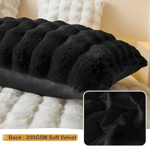 LIFEREVO Fluffy Faux Rabbit Fur Body Pillow Cover, Luxury Bubble Waffle Shaggy Plush Bed Body Pillowcase with Zipper Closure, Long 20"x54" Fuzzy Furry Pillow Case for Adults Kids Girls Teens, Black thumbnail 5
