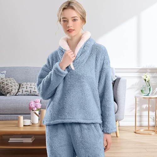 BOSECETA Fluffy Pajamas for Women Set Soft Comfy Fleece Pjs Pullover Pants Loose Plush 2 Piece Sleepwear Fuzzy for Winter thumbnail 3