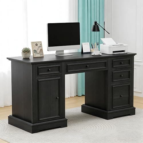 Vipbear 60" Executive Desk, Farmhouse Computer Desk with Drawers and File Cabinet, Embossed Texture Home Office Desks, Workspace for Work Study Writing, Black - Image 1