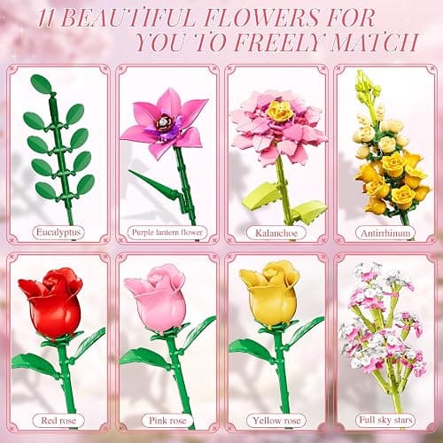 VINTOP Flower Bouquet Building Set, 11 Pretty Creative DIY Plant Bouquet Decoration 765 PCS botanicals Flower Bouquet Building Toy for Girls Women Adults 6+ Gift for Valentines Birthdays Mother's Day thumbnail 4