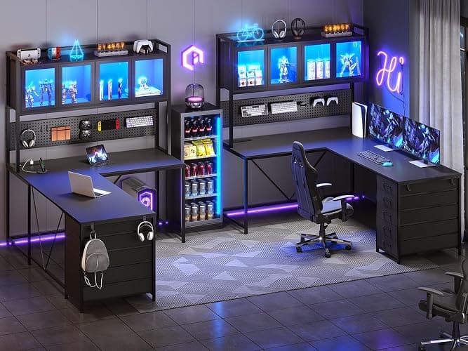 SEDETA L Shaped Gaming Desk with Drawers, L Shaped Computer Desk with Hutch and Storage Shelves, Gaming Desk with Pegboard, Led Lights, and Power Outlet, Home Office Desk, Corner Desk, Black thumbnail 4