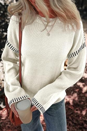Dokotoo Sweaters for Women Fashion Solid Crewneck Loose Fit Long Sleeve Contrast Cable Knit Pullover Sweater Jumper Tops thumbnail 4