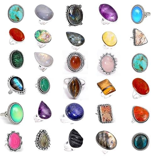 SUNYARAN Handmade 10 Pcs Adjustable Gemstone Ring Set for Women, Silver Plated Fashion Boho Knuckle Rings, Vintage Gothic Statement Jewelry Gift Pack - Image 1