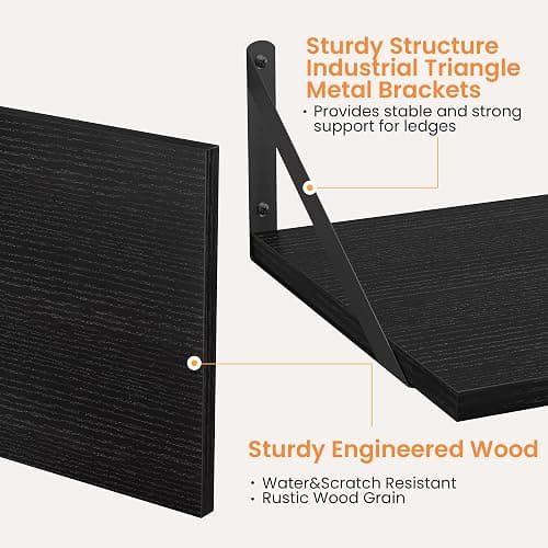 Heimlove Black Deep Floating Shelves for Wall, 16W x 12D Wood Wall Shelves Set of 2, Wide Floating Bookshelf for Living Room, Kitchen, Office, Bedroom and Decor Storage, with Metal Bracket - Black thumbnail 4