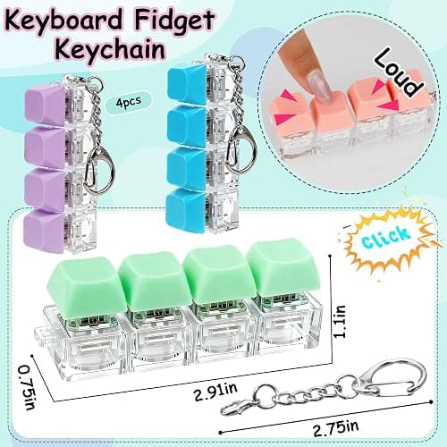 4 PCS Keyboard Fidget Toy, Keyboard Fidget Keychain 4-in-1 Keyboard Decompression Button Finger Clicker Toys, Button Stress Relief Fidget Gifts (Single Color Pink Green Blue Purple) thumbnail 3