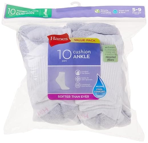 Hanes Women's Ankle, Moisture-Wicking Socks for Women, Cushioned Athletic Ankle Socks, 10-Pack thumbnail 6