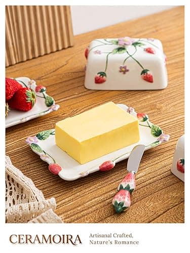 Ceramoira Cottage Strawberry Butter Dish w/ Lid & Knife, Artisanal Handmade | Large Butter Holder for Countertop, Ceramic Covered Butter Tray w/ Spreader, Fits 2 Sticks, Embossed Country Farmhouse Decor thumbnail 8