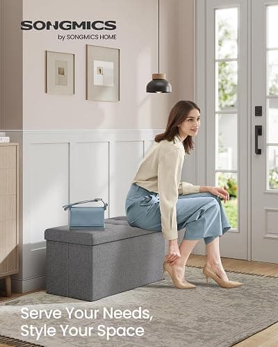 SONGMICS MAZIE Collection - 30 Inches Folding Storage Ottoman Bench, Ottoman Foot Rest, End of Bed Bench, Storage Chest, Load 660 lb, for Living Room, Bedroom, Entryway, Light Gray ULSF47G thumbnail 4