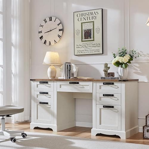 RedLemon 60" Farmhouse Executive Desk with Drawers, Wood Home Office Desk w/Charging Station, Keyboard Tray, File Drawer, Storage Cabinet, Rustic Computer Writing Desk (Antique White) thumbnail 6