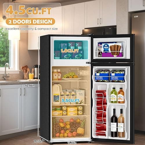 Manastin 4.5 Cu.Ft Mini Fridge with Freezer, Small Refrigerator with 2 Doors for Kitchen, Dorm, Office and Bedroom, Mini Fridge with Adjustable Shelves (Black) thumbnail 6