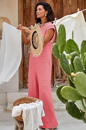 PINK SIZE SMALL Cicy Bell Womens Summer Striped Wide Leg Cap Sleeve Button Down Jumpsuits | Casual, Crew Neck Jumper, Waffle Knit Outfits, Long Pants Romper, with Side Pockets, Beach thumbnail 2