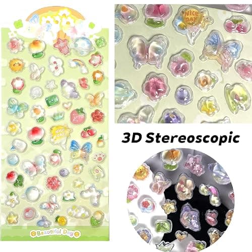 3D Cute Stickers Cartoon Butterfly Flowers Green Fruit Puff Stickers Kawaii Mini Puffy 3D Reusable Puffy for Scrapbooks Planner Journals Laptops Phone Case Decoration thumbnail 4