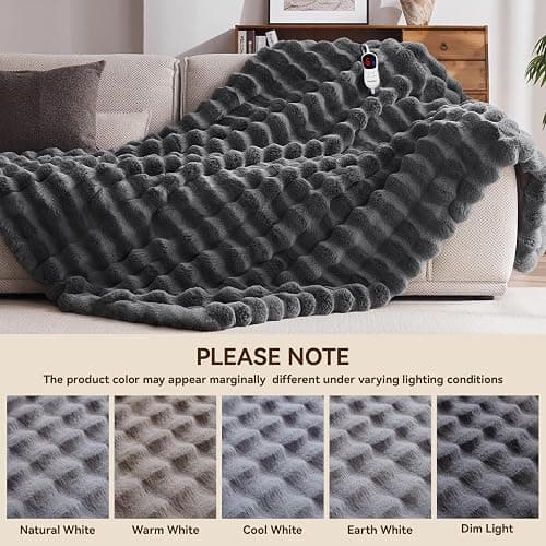 Anysay Heated Blanket Throw with 1/2/4/6/8 Hours Auto-Off 10 Heat Level, 50'' * 60'' Cozy Faux Rabbit Fur Bubble Electric Blanket with Overheat Protection(Dark Grey) thumbnail 6