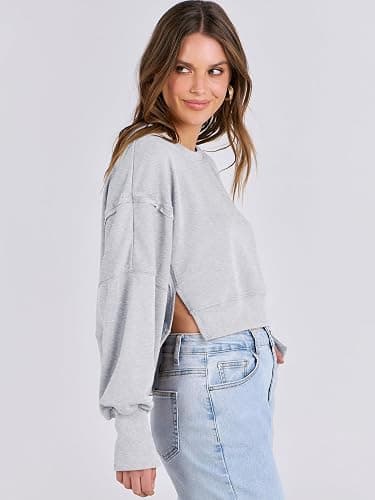 ANRABESS Womens Cropped Sweatshirts Oversized Crewneck Long Sleeve Tops 2025 Fall Winter Loose Pullover Teen Girls Clothes thumbnail 3
