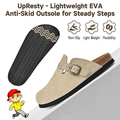 UpResty 100% Genuine Suede Toddler Kids Clogs with Arch Support, Boys Girls Infant Clogs with Comfort Memory Foam Insole, Non Slip Cork Footbed Mules for Kid with Adjustable Straps thumbnail 5