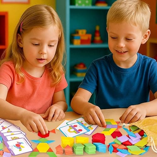 LovesTown 209 PCS Shapes Wooden Pattern Blocks for Kids,Geometric with Activity Cards and Storage Bag, Educational Tangram Puzzles,Great Learning Gift from Parents or Teachers thumbnail 2
