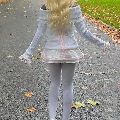 Y2k Off The Shoulder Sweater for Women Lolita Cute Bow Front Lace Trim Knit Pullover Kawaii Long Sleeve Jumper Tops thumbnail 5