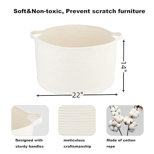 XUANGUO Extra Large Cotton Rope Basket Blankets Basket Living Room 22"x14" Toy Basket for Kids Dogs Rope Storage Basket for Nursery Woven Laundry Basket for Clothes Towels Baby Toy Storage round white thumbnail 3