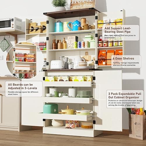 Farmhouse Kitchen Pantry Cabinet with 3 Drawers,71" Tall Rustic Wood Storage Cabinet with 6 Door Shelves,with Load-Bearing Steel Pipe,Pantry Organizers for Kitchen,Dining Room(Rustic Off White) thumbnail 5