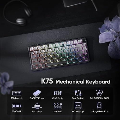 RedThunder K75 Wireless Mechanical Gaming Keyboard, 75% Hot Swappable Creamy Keyboard with Knob, RGB Backlit, Pre-lubed Linear Switches, Side Printed PBT Keycaps, Wireless/Wired/BT5.0 Connection Mode thumbnail 2