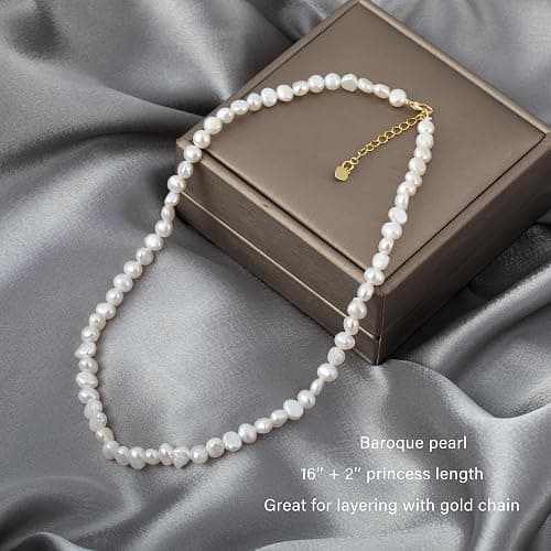Natural Freshwater Baroque Pearl Necklace 14K Gold Plated Dainty Choker Necklace for Women Girls Snake Chain/Cuban Link/Paperclip/Ball Beaded Chain/Tennis Chain Fashion Jewelry for Gift thumbnail 4