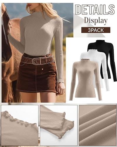 Huukeay 3 Pack Women's Ribbed Mock Turtleneck Shirts Cotton Long Sleeve Tops Lettuce Trim Slim Fit Soft Tees for Layering thumbnail 5