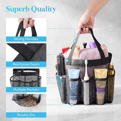 Lifewit Mesh Shower Caddy Portable for College Dorm Room Essentials with 7 Pockets, Freestanding Hanging Organizer Basket, Quick Dry Tote Bag for Camping, Bathroom, Beach, Travel, 1 Pack, Black thumbnail 5