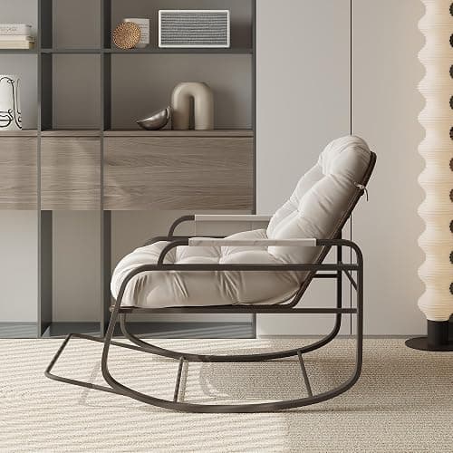 BHFFTHK Schaukelstuhl mit fußablage, Schaukelstuhl für drinnen & draußen, Schaukelsessel Wohnzimmer Relaxstuhl mit gepolsterter, bis 150 kg Belastbar für Garten, Wohnzimmer, Beige (Beige-C) thumbnail 6