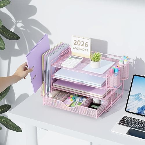 gianotter Desk Organizers and Accessories with File Holder, 4-Tier Desk Accessories & Workspace Organizers with Drawer and 2 Pen Holder, Paper Organizer for Office Supplies (Pink) thumbnail 2