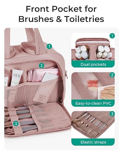 BAGSMART Travel Toiletry Bag, Lightweight Large Wide-open Travel Bag for Women, Puffy Cosmetic Makeup Bag Organizer with Handle for Accessories,Essentials, Toiletries, Dark Pink thumbnail 2