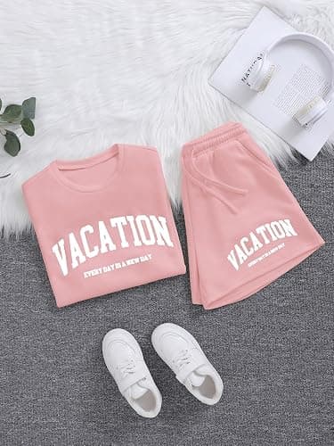 Verdusa Girl's Tracksuit Sets 2 Piece Outfits Letter Print Vacation Tee Top and Drawstring Waist Shorts thumbnail 3