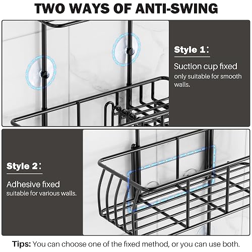 Epicano Shower Caddy Hanging, Anti-Swing Over Head Shower Caddy Rustproof with Hooks for Towels, Sponge and More, Matte Black thumbnail 6