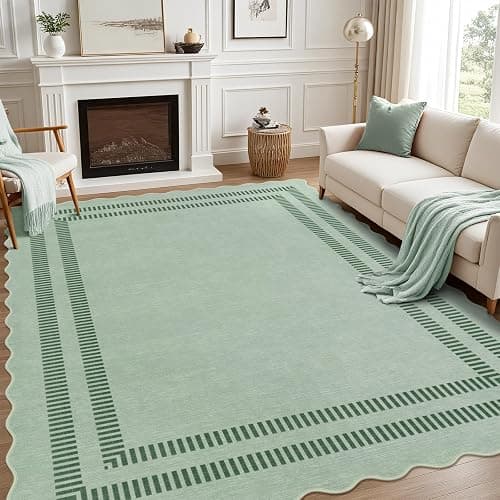 LORWER Washable 8x10 Rugs for Living Room Bedroom, Non-Slip Sage Green Indoor Carpet for Dining Room Office, Ultra Thin Scalloped Soft Carpets for Kids Nursery Playroom - Image 1