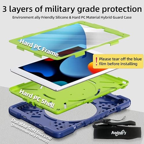 Andnary Case for iPad 9th/8th/7th Generation 10.2 inch, Shockproof Cover with Screen Protector/360° Rotating Handle/Bracket/Pen Holder/Shoulder Strap, Kids Case for iPad 2021/2020/2019 (Navy+Green) thumbnail 3