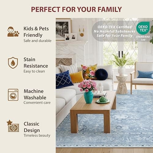 Washable Rugs 5x7 Blue Area Rugs for Living Room,Rug for Bedroom, Vintage Distressed Non-Slip, Ultra Soft Faux Wool Carpet for Dining Room for Home Office Décor thumbnail 7
