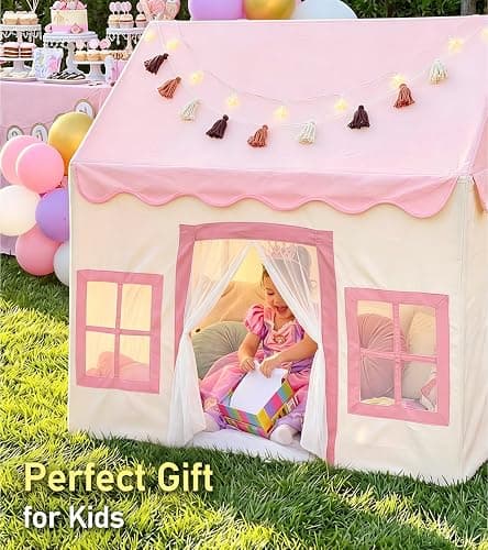 Large Kids Tent with mat, Star Lights, Tissue Garland, Play Tent Indoor & Outdoor, Kids Play Tent for Girl & Boy Aged 3+, Kids Tent for Toddler, 52" x35" x 52" Play House with Windows, Washable, Pink thumbnail 9