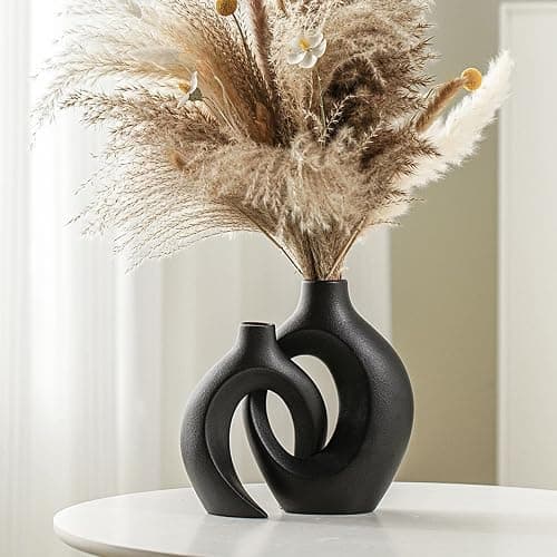 Lvases Snuggle Hollow Modern Ceramic Vase Set of 2, Mid Century Nordic Aesthetic Decorative Vase Decorative Vases for Home Table Decor (Matte Black W 6.3" X H 8.4") - Large Matte Black - Image 1