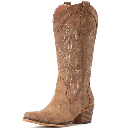 IUV Cowboy Boots For Women Western Cowgirl Boots with Chunky Heel Mid Calf Snip Toe Ideal for low insteps thumbnail 2