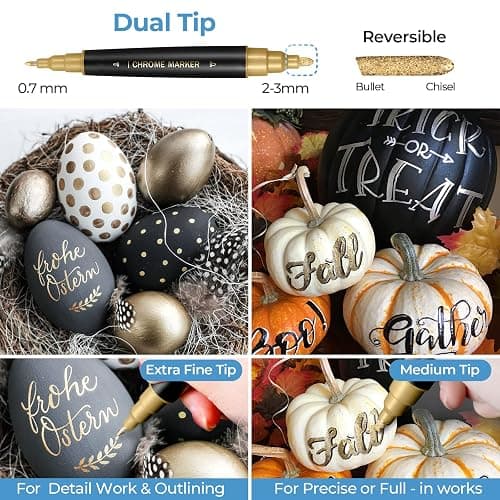 Liquid Gold Metallic Paint Pen - 2 Pack Reflective Mirror Markers for Art, Dual Tips Mirror Chrome Marker, Permanent Chrome Paint for Metal, Plastic, Ceramic, Glass thumbnail 2